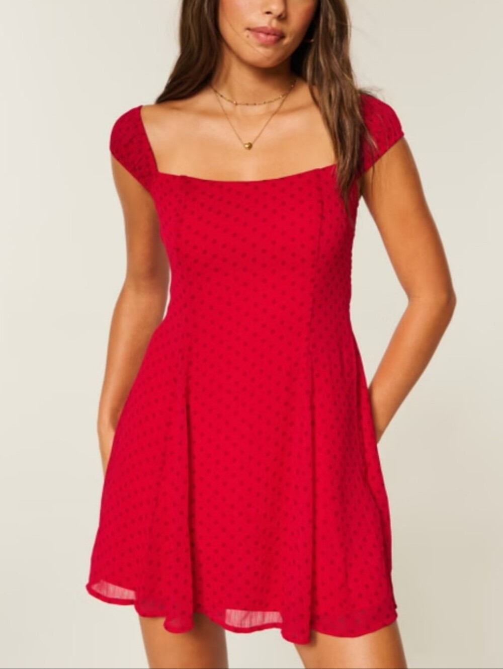 Hollister Red Flocked Chiffon Babydoll Polka Dot Dress Pockets Mini